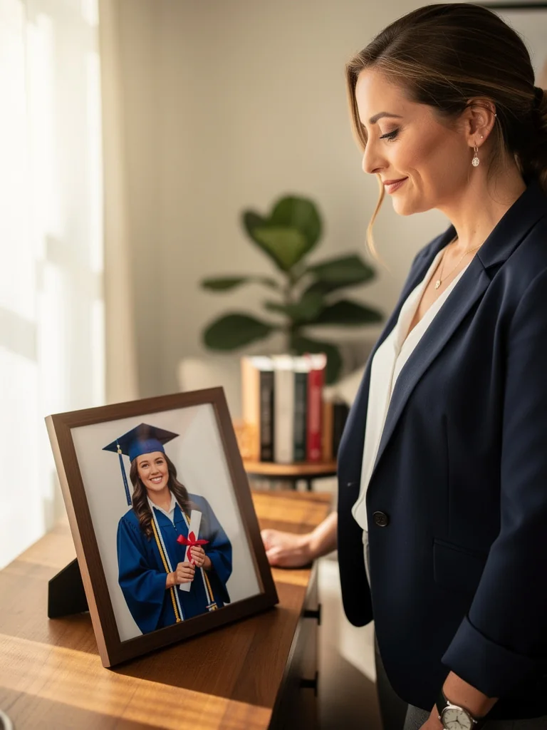 An alumna looking at her framed graduation photo