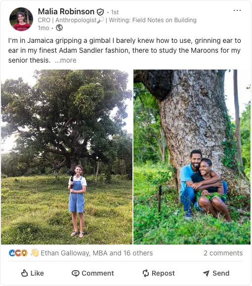Malia's LinkedIn post about her anthropology field work in Jamaica studying the Maroons