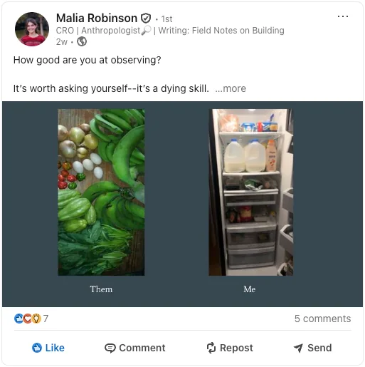 Malia's LinkedIn post asking how good are you at observing